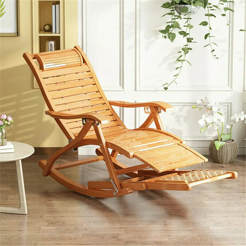 Heavy Duty Bamboo Rocking Chair Adjustable Lounge Recliner Leisure Living Room,covered deck