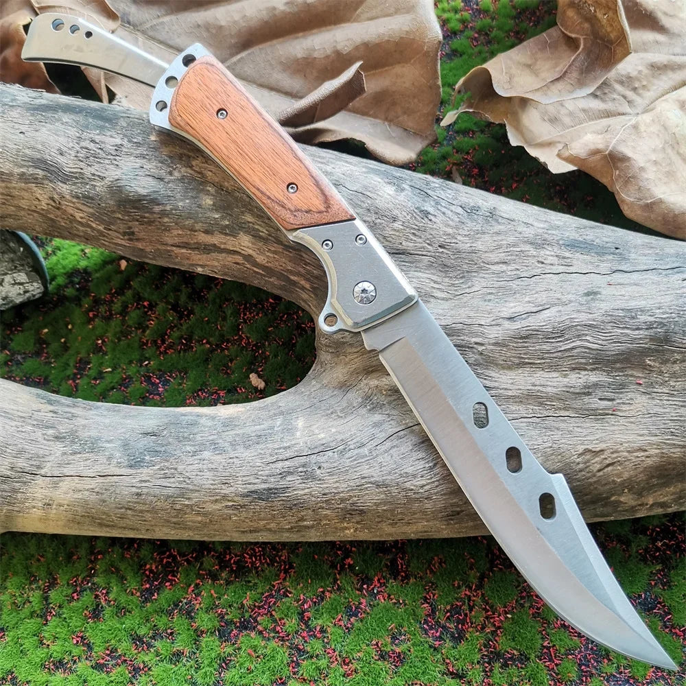 Heavy-Duty 8CR15MOV Folding Knife, Wood Handle: Tactical Tool, Outdoor Hunting, Camping & EDC