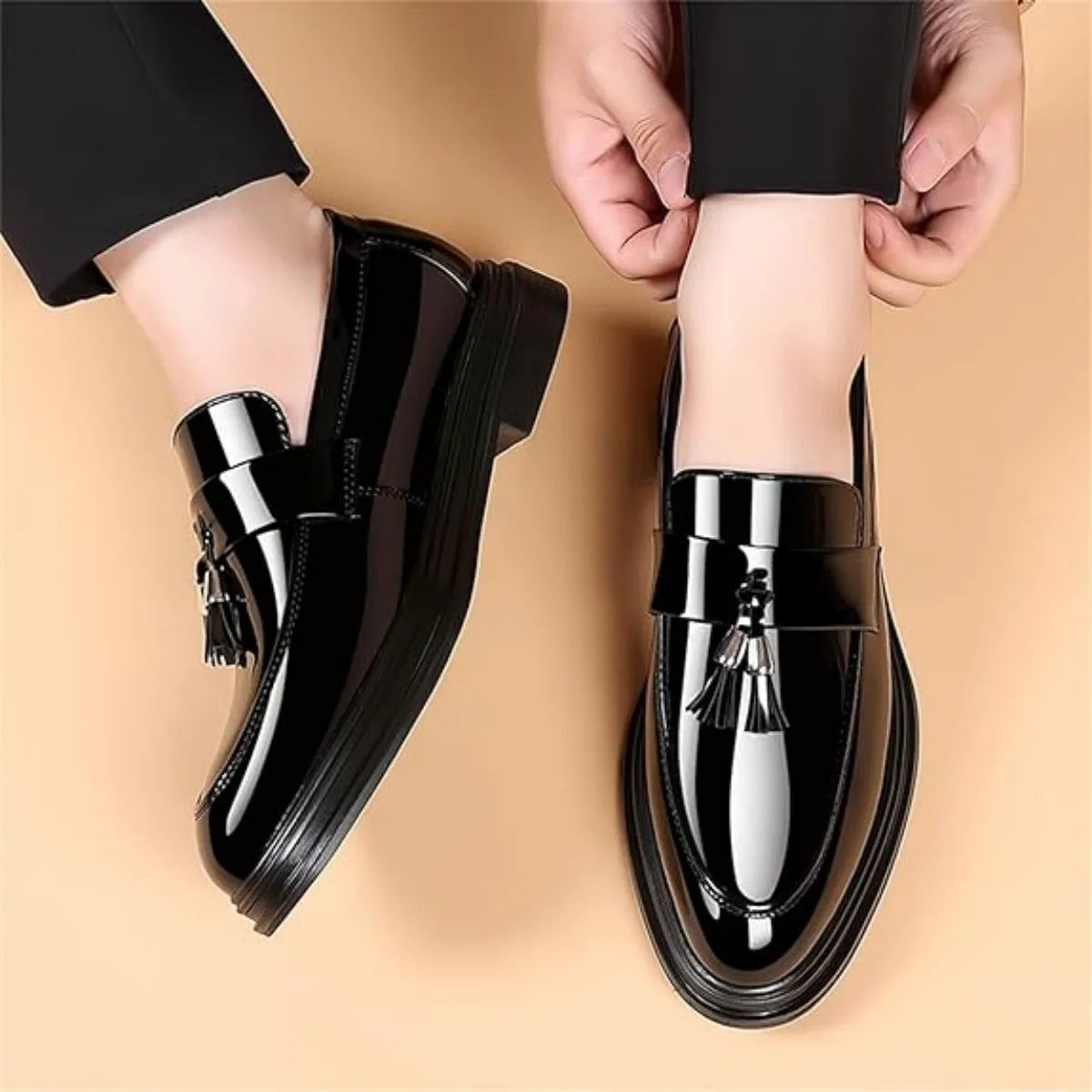 Men's Tassels High Gloss Patent Penny Loafers Business Casual Oxford Slip On Dress Shoes Shoe