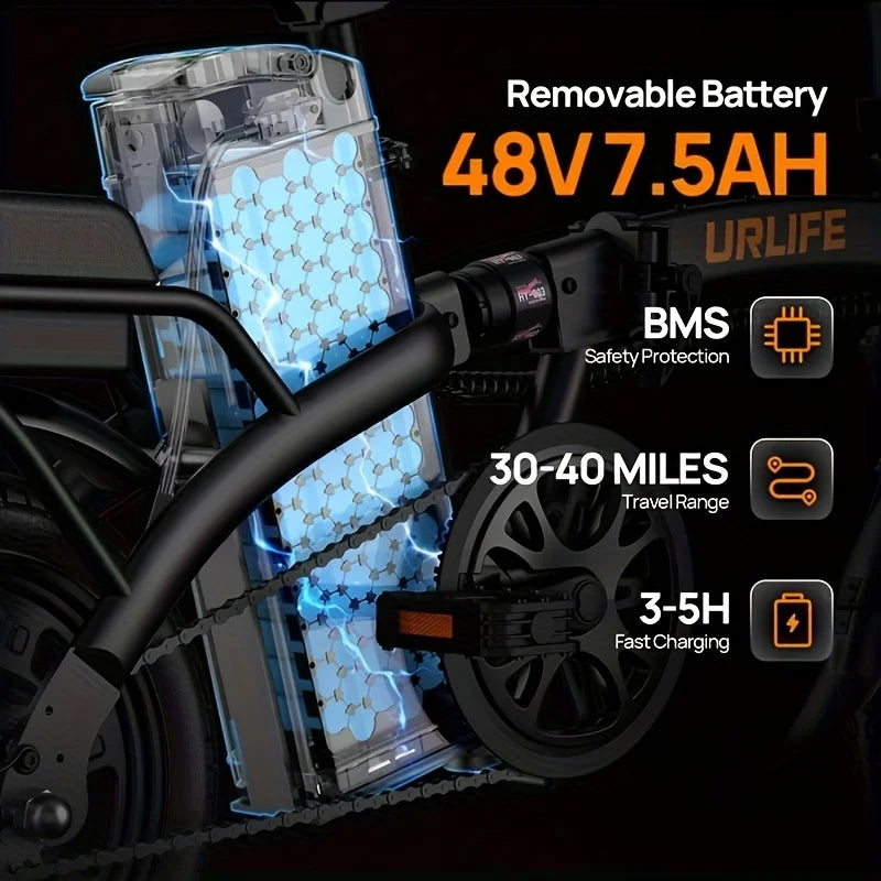 14" Foldable E-bicycle, Adult,Peak 500W Motor,48V 7.5Ah Remove Battery 40 Mi.Range 3 Hours Charge