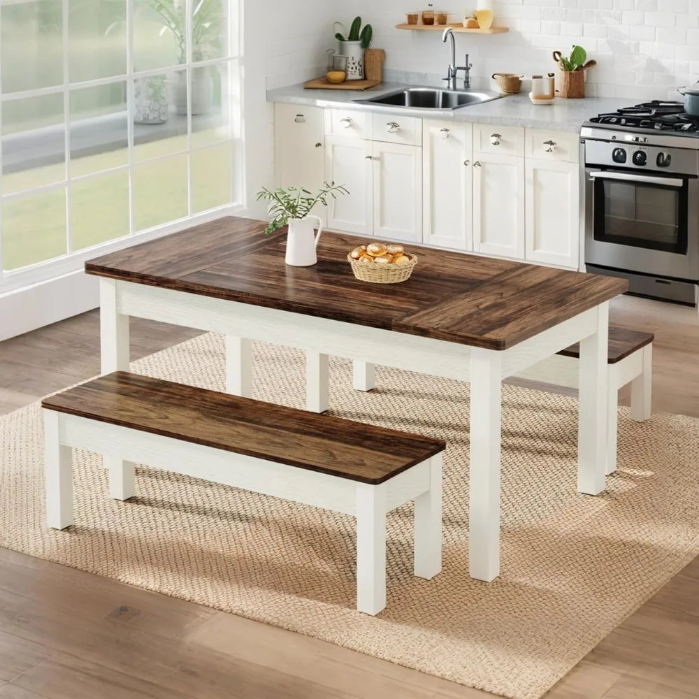 farmhouse table set, 4-6, 55-inch wooden table;benches, space saving 3 pieces heavy duty-indoor