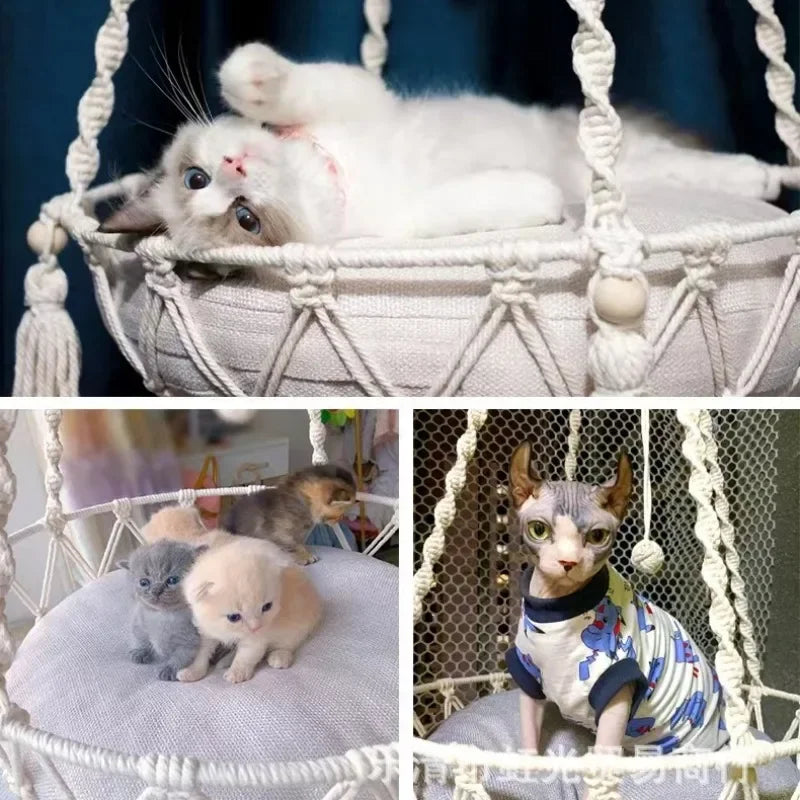 New Pet Hammock Cat Swing Hand Woven Cotton Rope Cats Hanging Basket Indoor Nest
