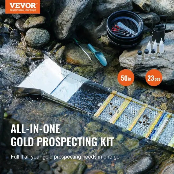 50 Inch Folding Sluice Box Gold Panning Kit, 23pc Gold Prospecting Kit, Gold Pan, Classifier Screen