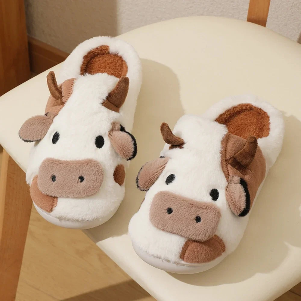 New winter neutral cartoon cow warm slippers for couples, indoor anti slip