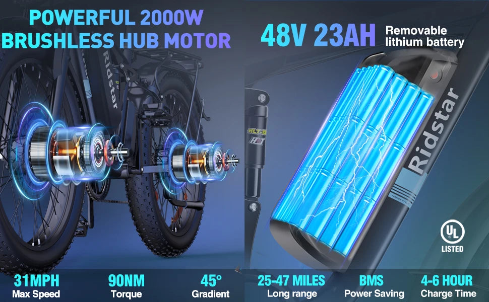 E-Bike 2000W 48V 23AH 26 Inch Fat Tire Dual Motor Hydraulic Brakes Full Suspension MTBike