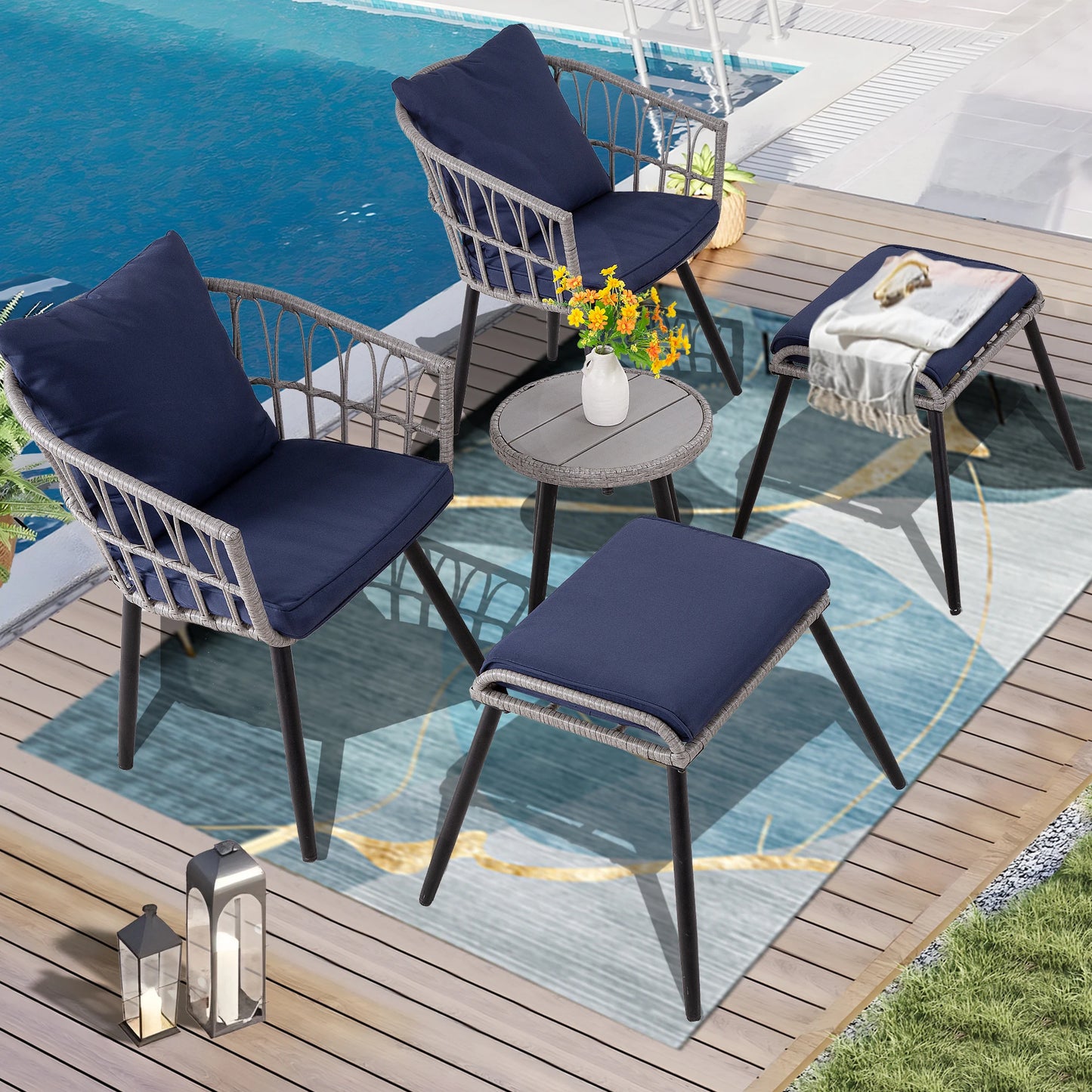 5 PiecePE Rattan Patio Furniture Set, Wicker Bistro Set, All-Weather Chairs, Ottoman & Coffee Table