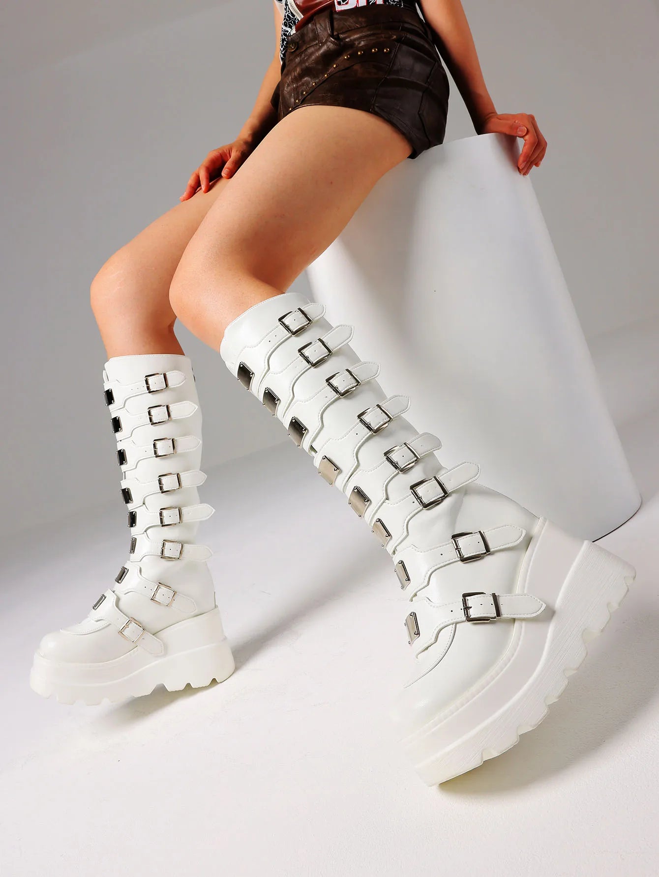 Women's Y2K Goth Knee High Boots Punk Metal Buckle Wedges/Heels Back Zipper Round Toe Platform fall