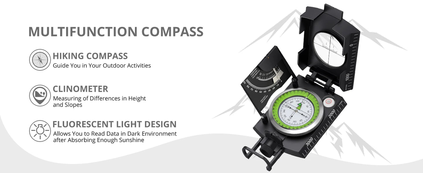 Waterproof Compass Hiking, Fluorescent Scale, Compass Navigation,Clinometer & Carry Bag Militar