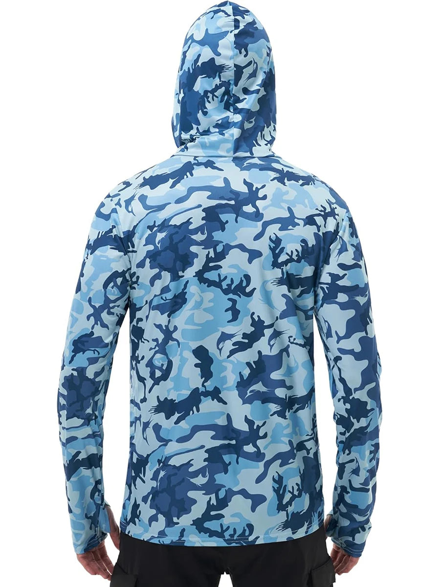 Men s Fishing Shirt Camo Print Hoodie, Built-in Face Mask Sun Protection, Hiking and Running