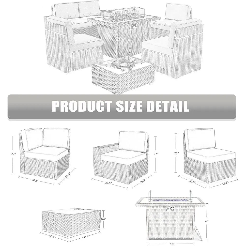 7-Piece Outdoor Patio Furniture Set, Fire Pit, Rattan Wicker Sofa Sectional, and Coffee Table