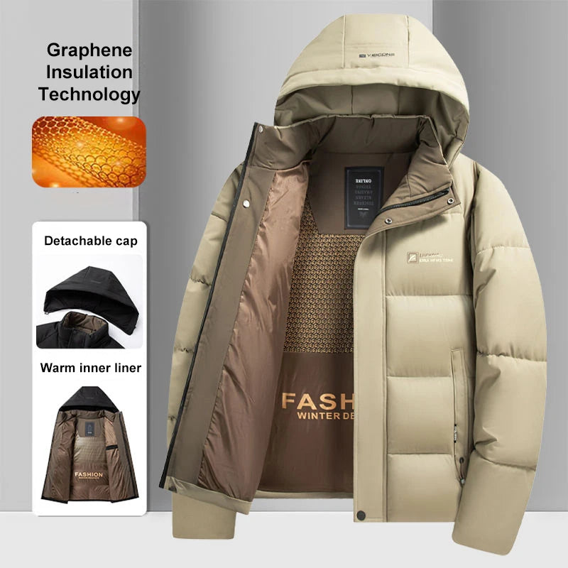 Graphene Warm Windproof Jacket Men Comfortable Thickened Outdoor Hooded Overcoat Male Casual