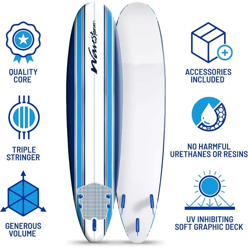 8ft Classic Surfboard // Foam Wax Free Soft Top Longboard, Adults and Kids