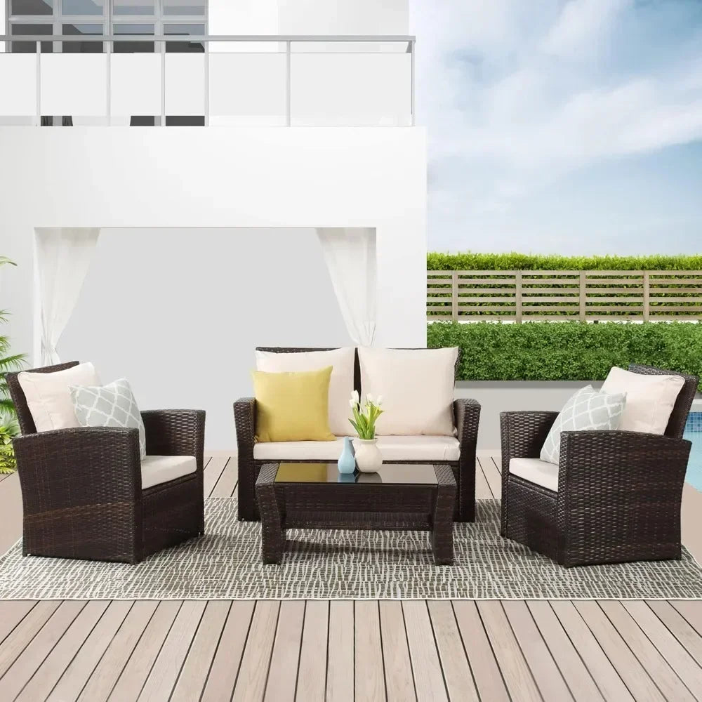 upgrade. 4 Piece Wicker Conversation Set for Porch Deck, Brown Rattan Sofa Chair with Cushion