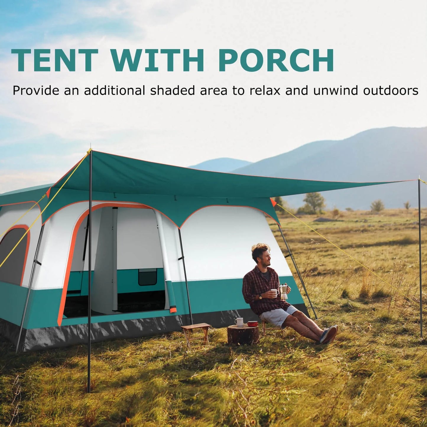 10-Person Camping Tent with Porch Large Family Cabin Tent with 2 Rooms 2 Doors