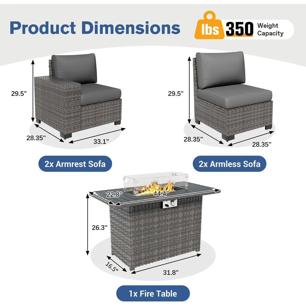 5-Piece Patio Set, Fire Pit Table, Outdoor Grey Wicker Rattan Sofa, 4 Thick Cushions, Grey Cover