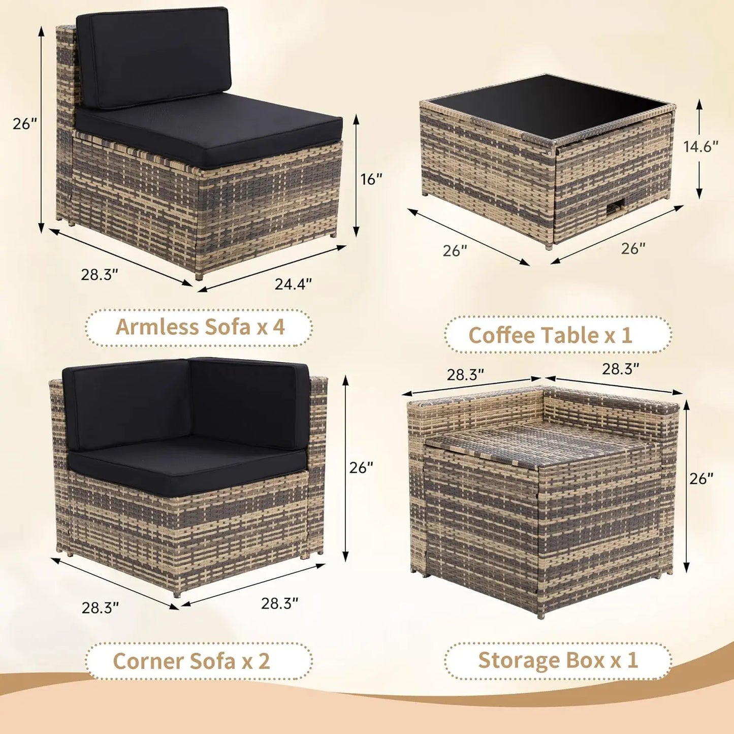8 Pieces Outdoor Wicker Rattan Set, Glass Top Table with Hidden Storage, 7 Sofa Sections.