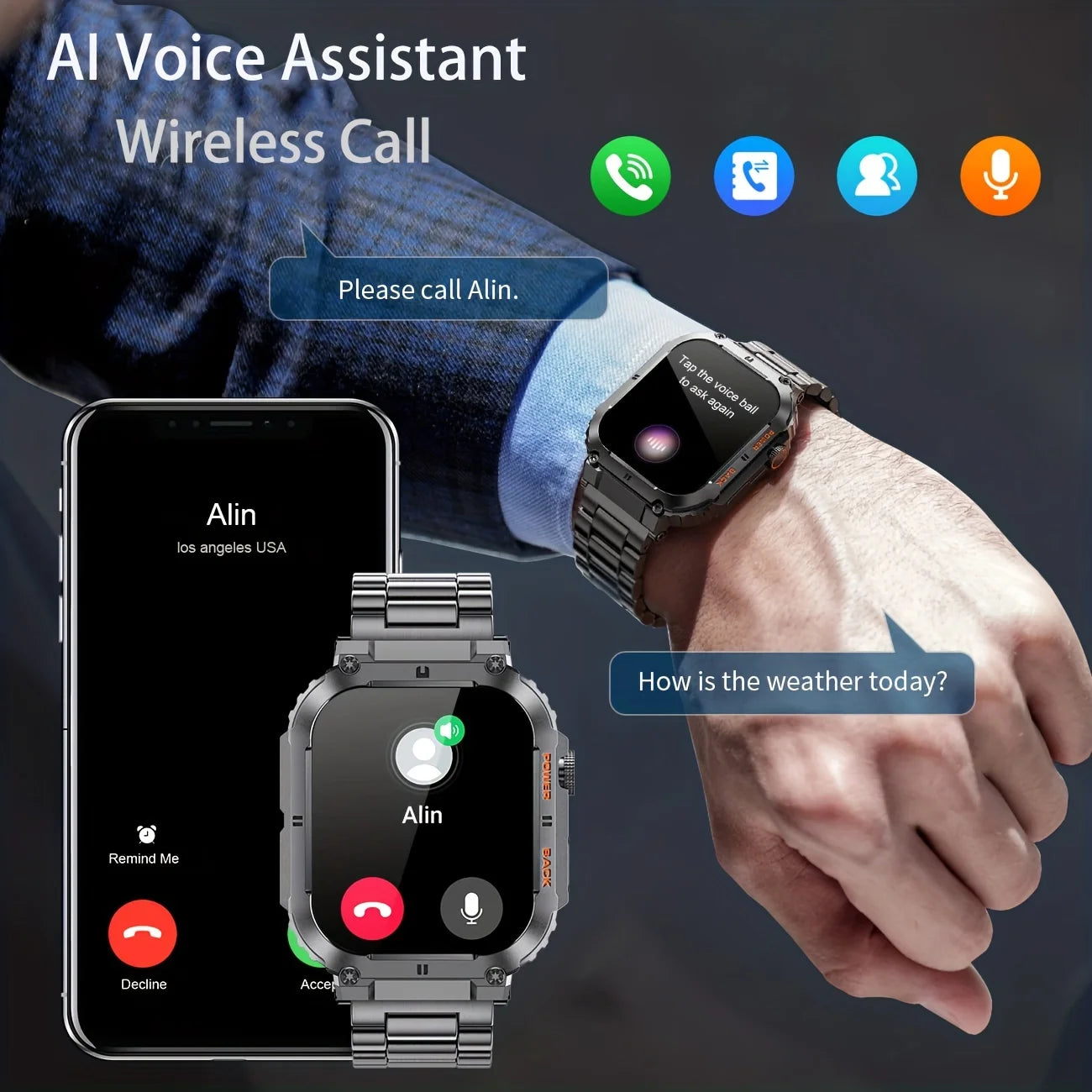 Outdoor Sports Fitness Smartwatch Men 1.96 Inch Screen Bluetooth Waterproof Watches Blood Oxygen