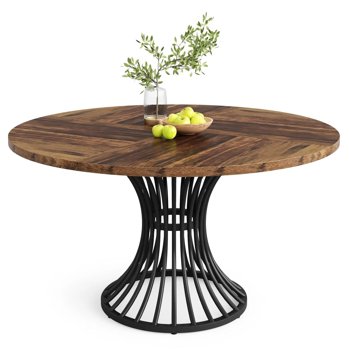 Round Indoor Dining Table for 4-6 People, 47-Inch Farmhouse Kitchen Table, Industrial Dinner Table