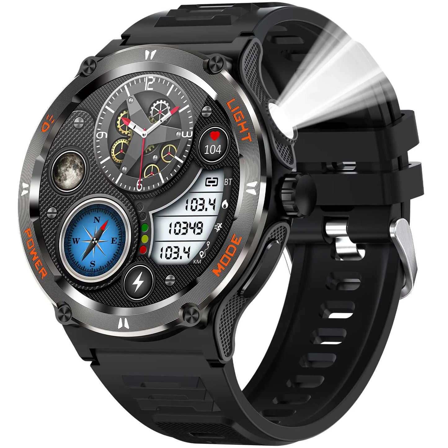 Smart Watch 3ATM Waterproof 1.53" KT76, Compass, LED Flashlight Heart Rate Sleep Analysis Bluetooth