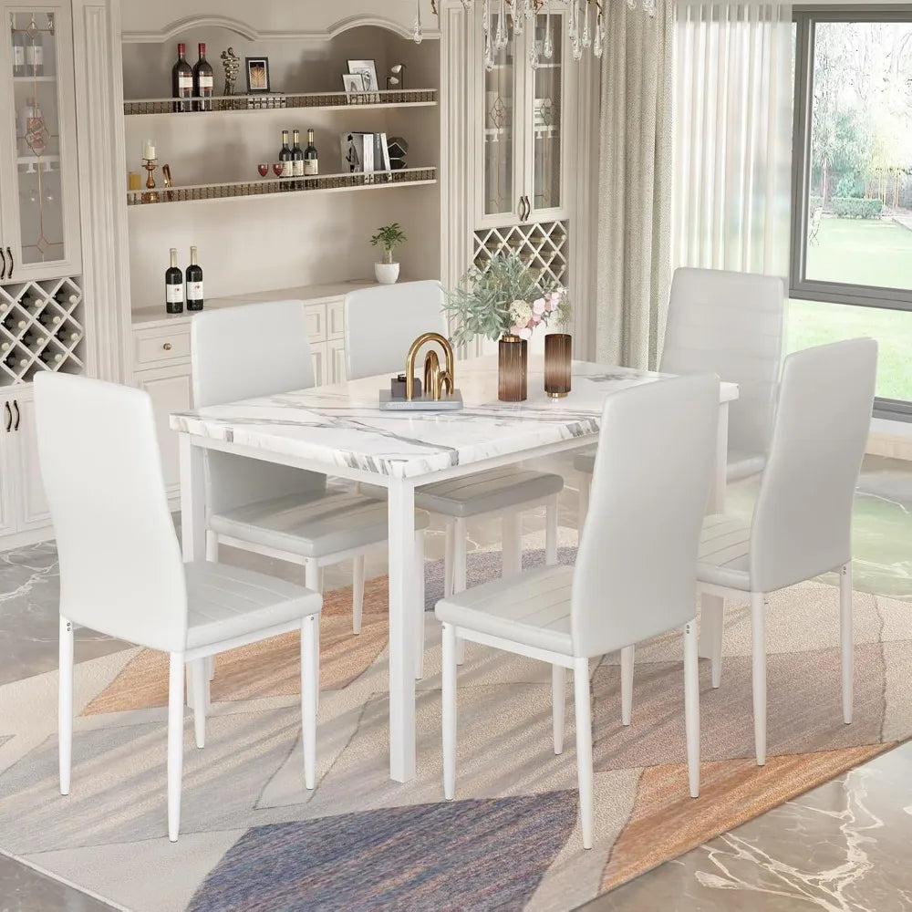 7 Piece Dining Table Set for 6, Faux Marble, 6-Chairs , Modern indoor table Set fits Small Space