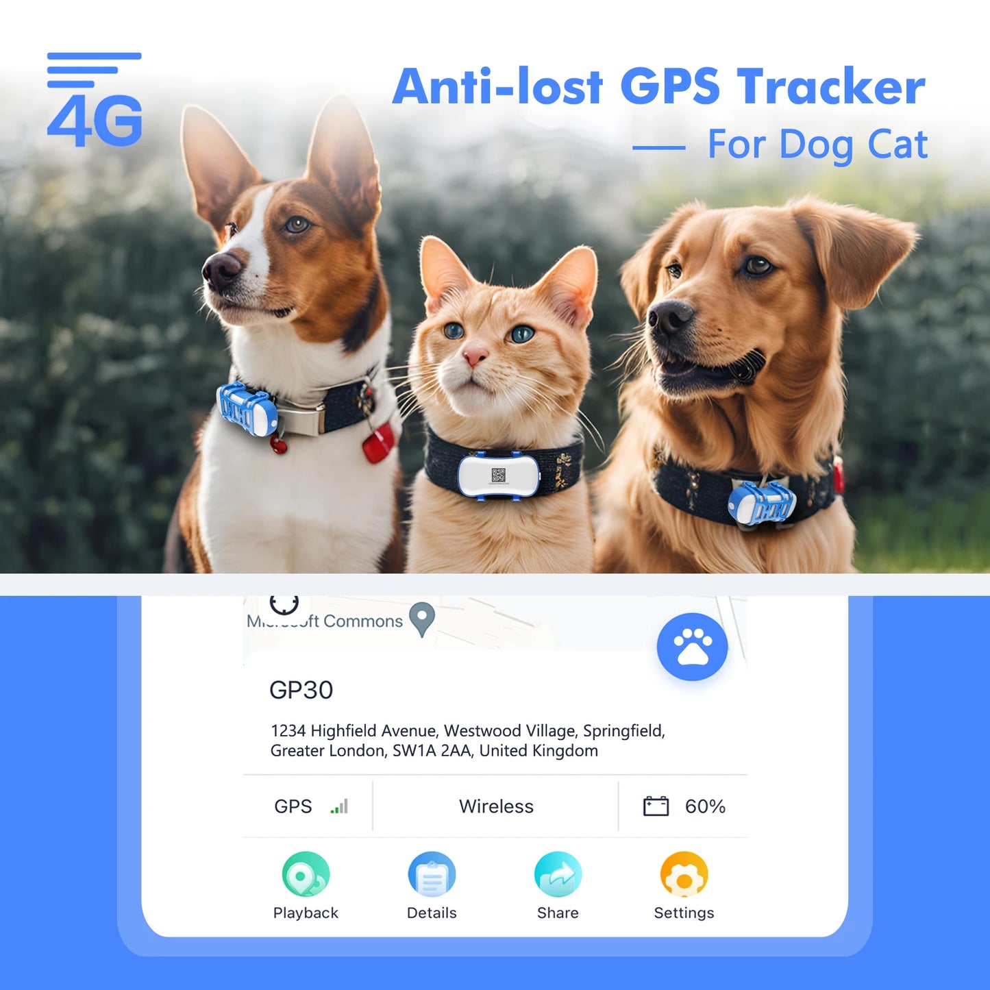 4G Dog Cat GPS Tracker for Pets - Waterproof Smart Locator with App, Live Tracking & Search,