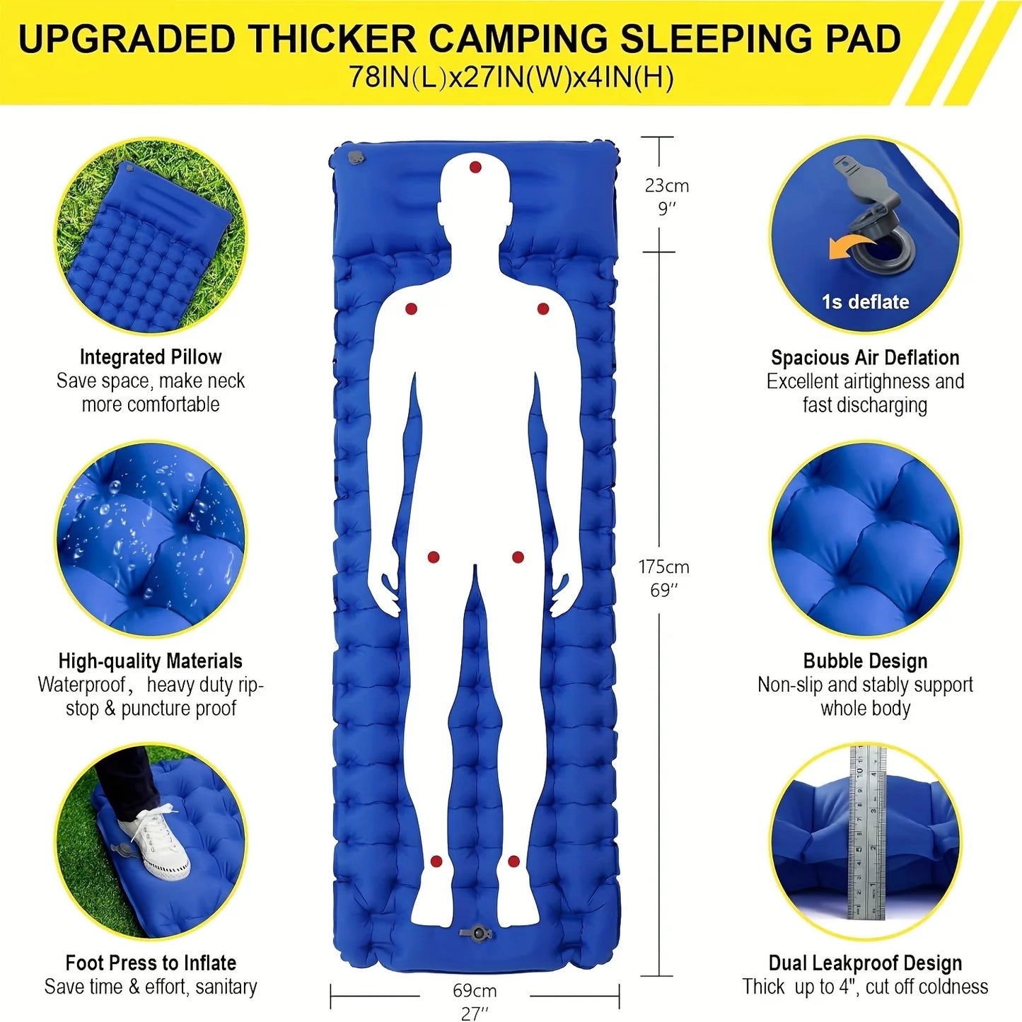 Outdoor camping super thick 4-inch inflatable sleeping mat, built-in pillow and pump
