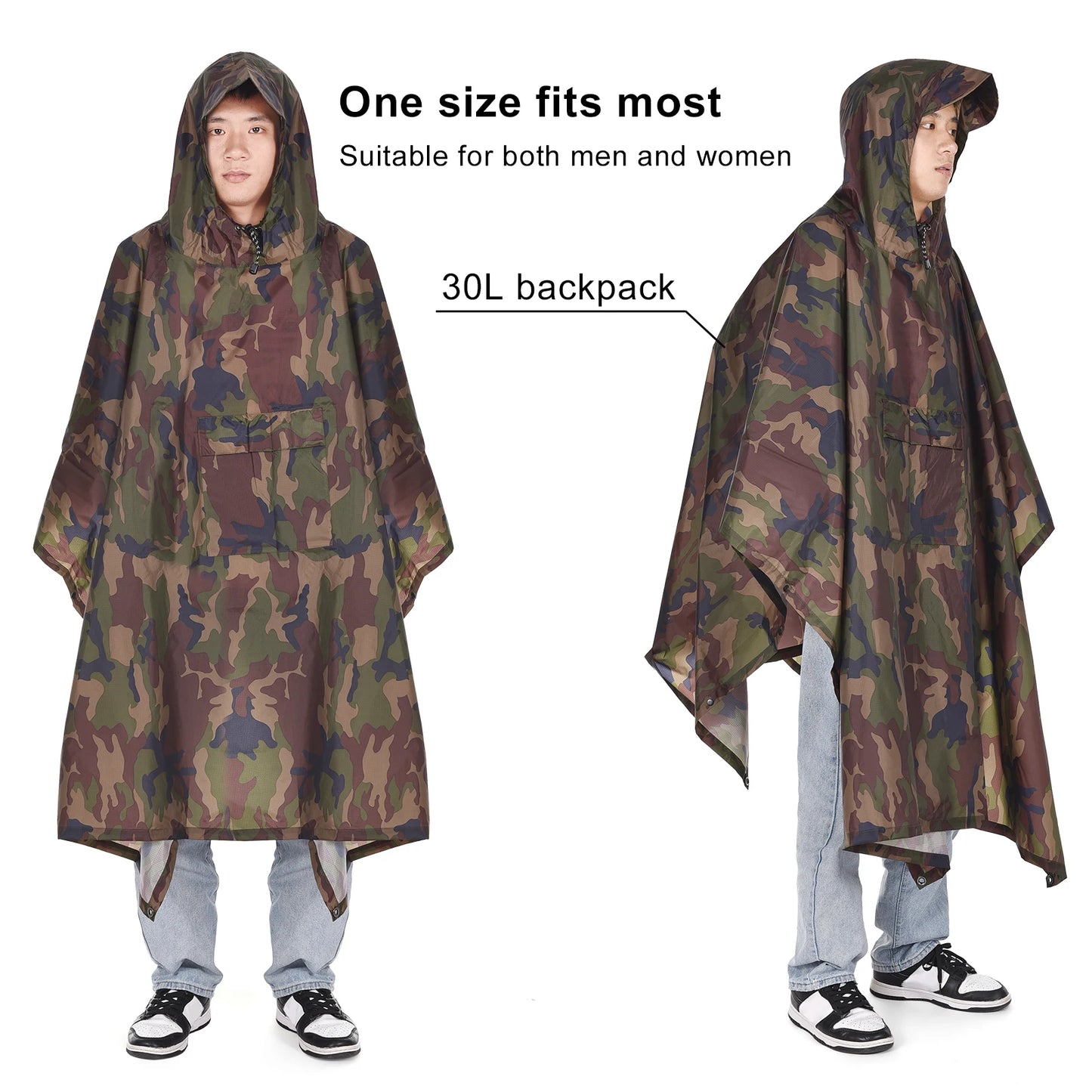 Hooded Rain Poncho, Pocket Lightweight Waterproof,Sun Shelter,Men and Women Camping Hiking
