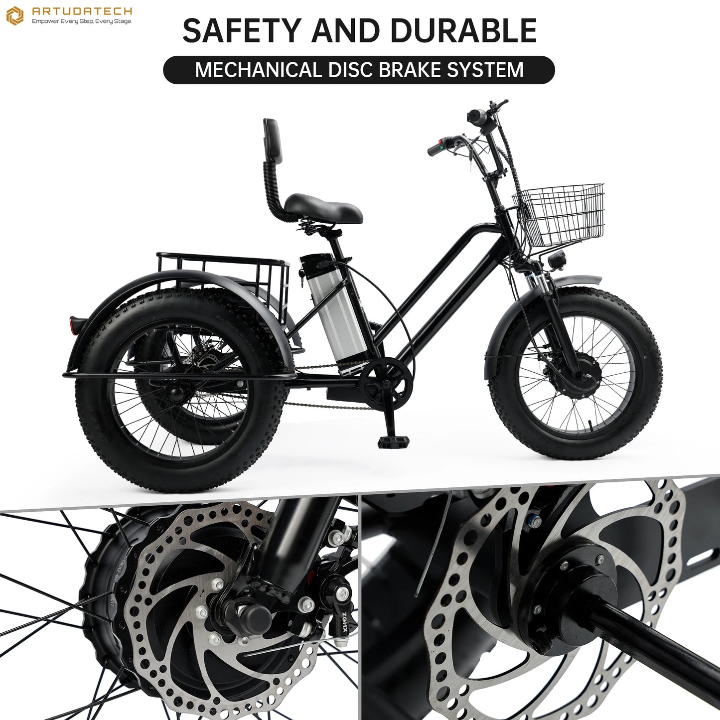 Artudatech 500W 48V 13A Electric Snow Tricycle 3 wheel e-bike 4.0 Fat Tire Tricycle