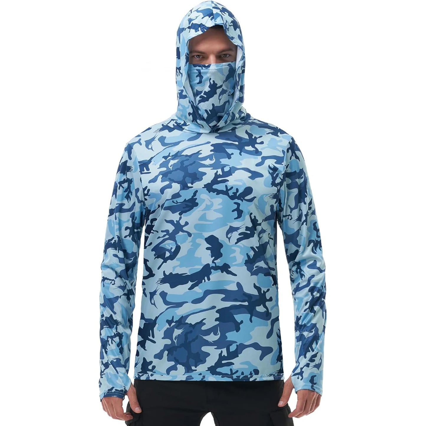 Men s Fishing Shirt Camo Print Hoodie, Built-in Face Mask Sun Protection, Hiking and Running