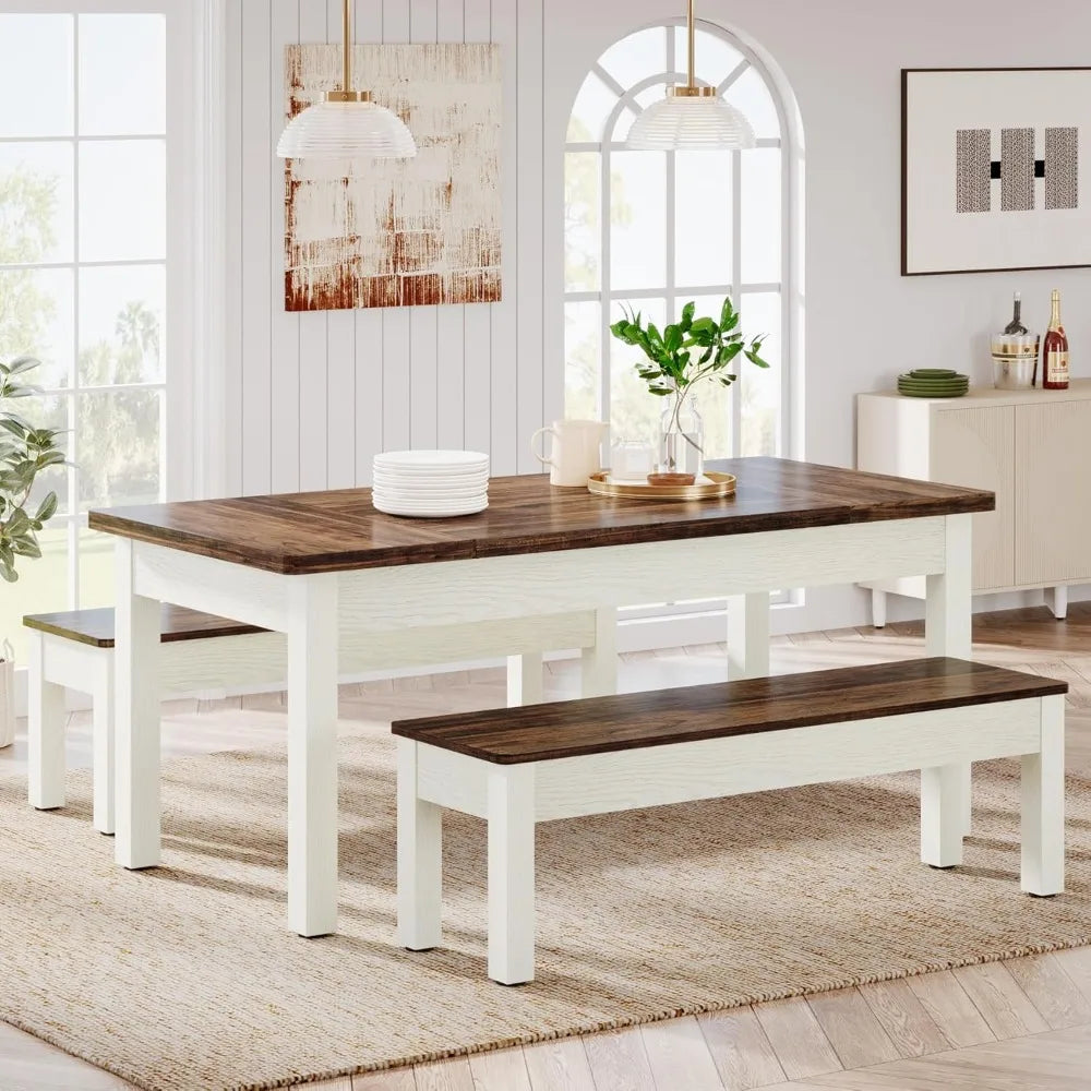 farmhouse table set, 4-6, 55-inch wooden table;benches, space saving 3 pieces heavy duty-indoor