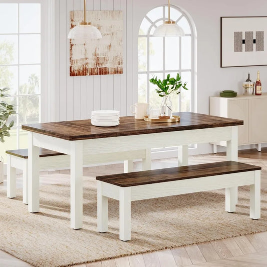 farmhouse table set, 4-6, 55-inch wooden table;benches, space saving 3 pieces heavy duty-indoor