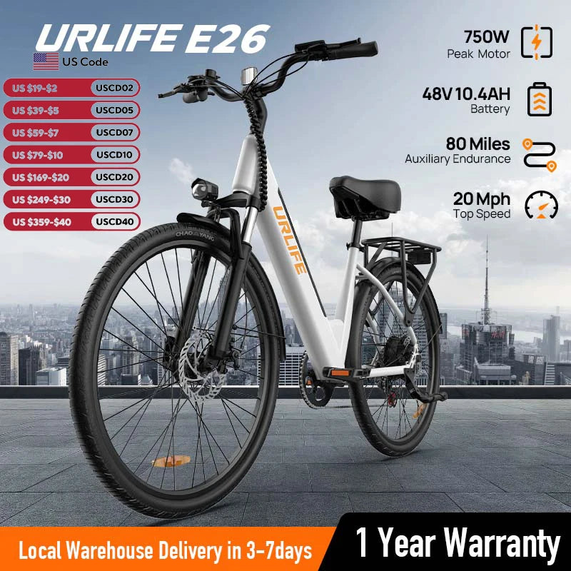 750W E26 Elec. Bike,Adults,48V 10.4Ah Removable Battery,Speed 20MPH, 26''X2" Standard Tire, 7-Speeds