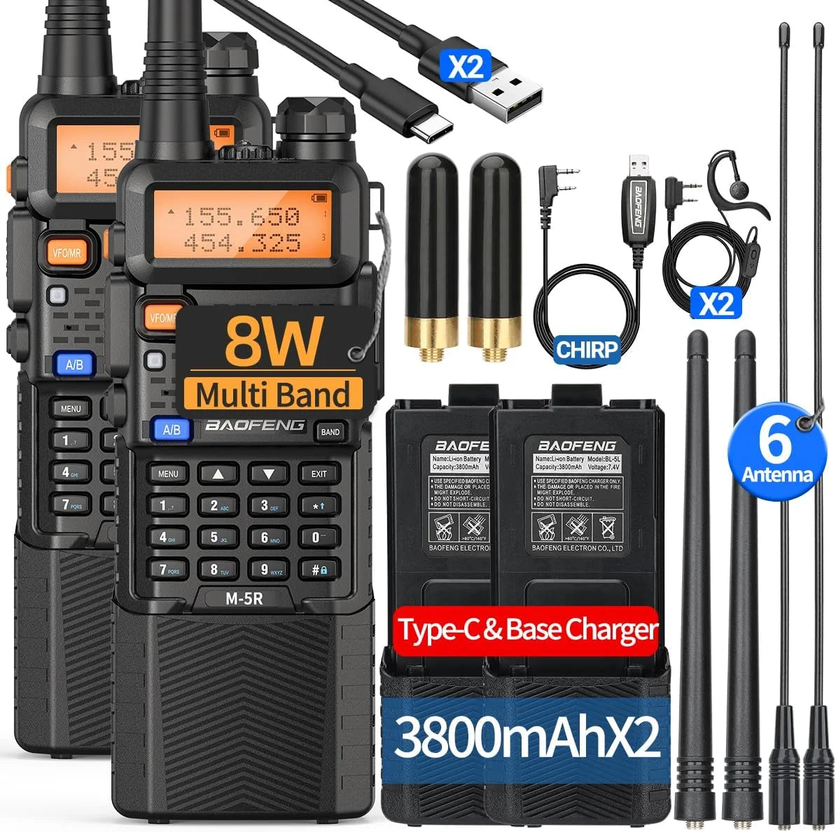 2X BAOFENG M-5R 8W Walkie Talkie 3800mAh Battery Multi Band AM Type-C USB Copy Upgraded
