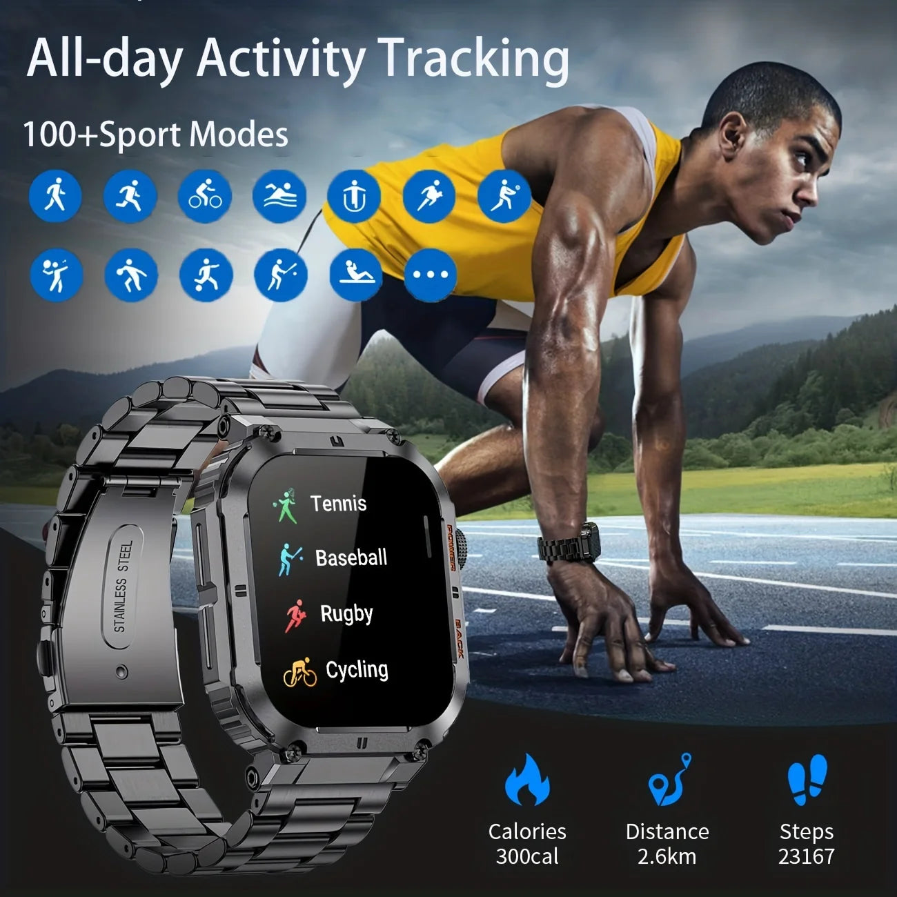 Outdoor Sports Fitness Smartwatch Men 1.96 Inch Screen Bluetooth Waterproof Watches Blood Oxygen
