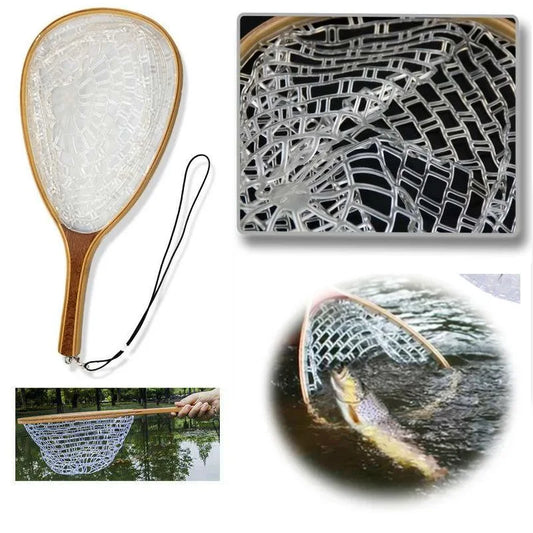 Fly Fishing Landing Net Trout Bass Catch Quick Release Transparent Net Wooden Handle Frame