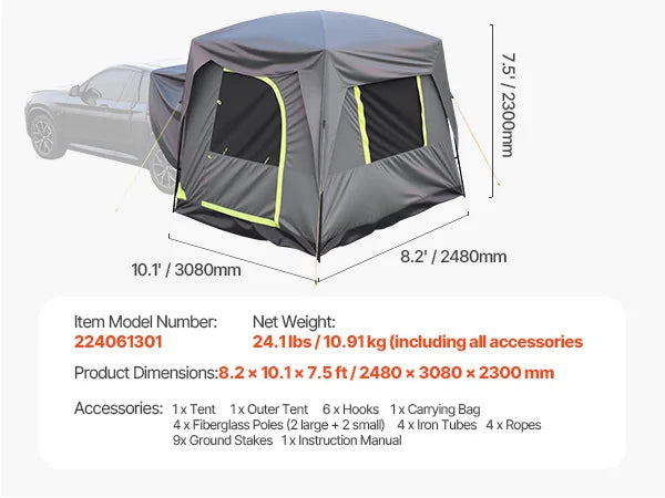SUV Tent, Camping Waterproof PU2000mm Spacious Double Layer Design , Shade Awning , Mesh Windows