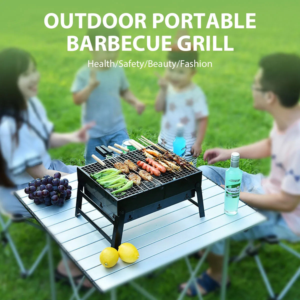 Portable BBQ Charcoal Grill Stainless Steel Small Mini BBQ Tool Kit Camping Picnic Beach