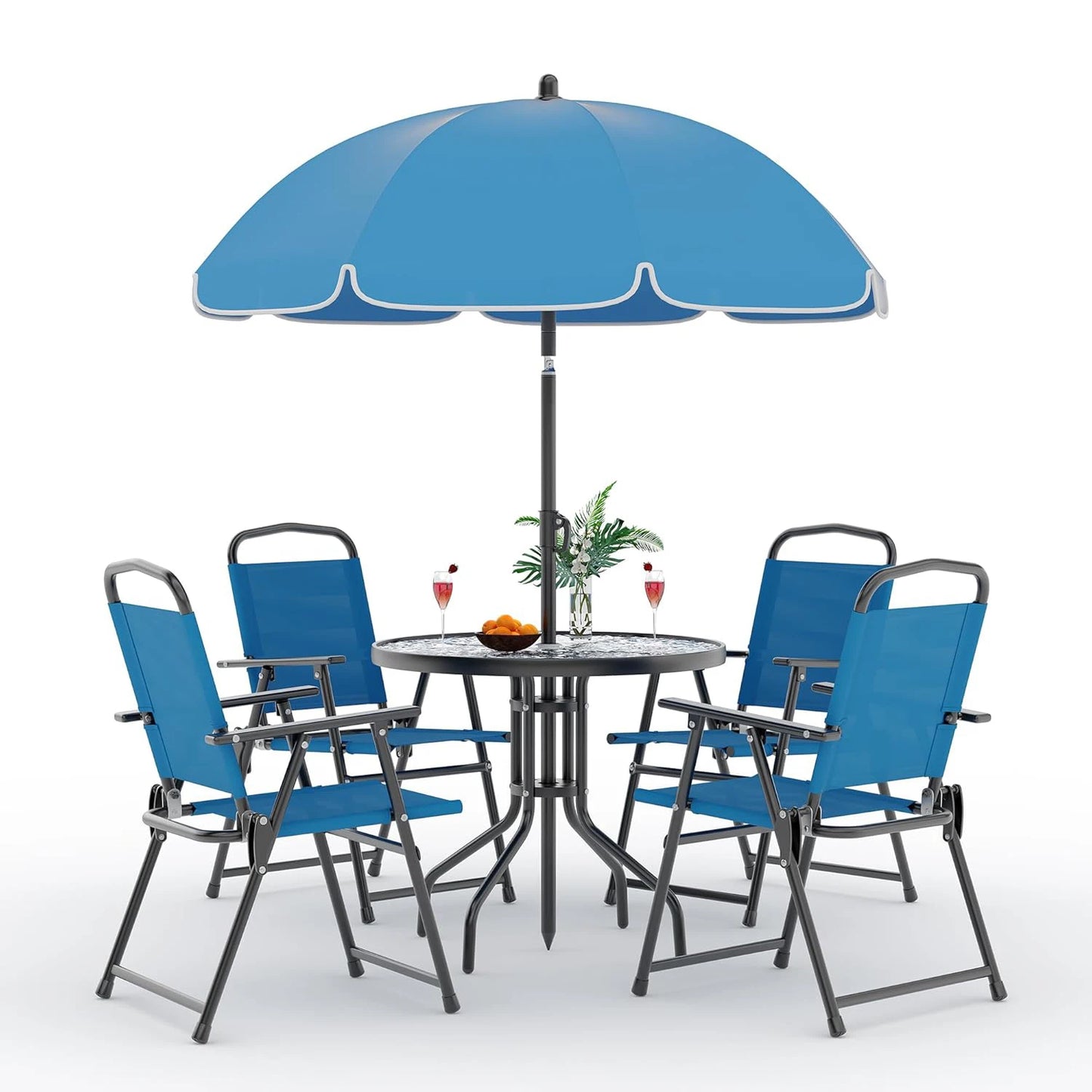 6 Piece Patio Dining for 4, Umbrella, Outdoor Table & 4 Folding Dining Chairs & Round Glass Table
