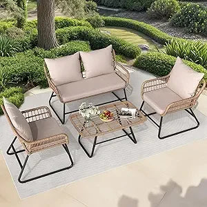 Outdoor Patio Set 4 Pieces, Wicker,Soft Cushion & Coffee Table, Rattan Bistro Set Patio Set Chairs