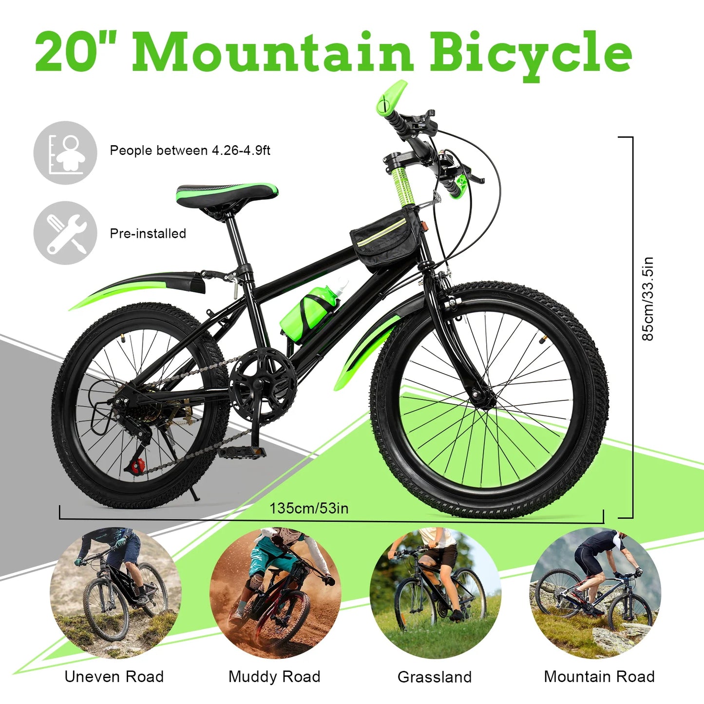 20" Mountain Bike 7 Speeds Kids Bicycle Dual-Disc Brakes Height Adjustable MTB Boys Girls