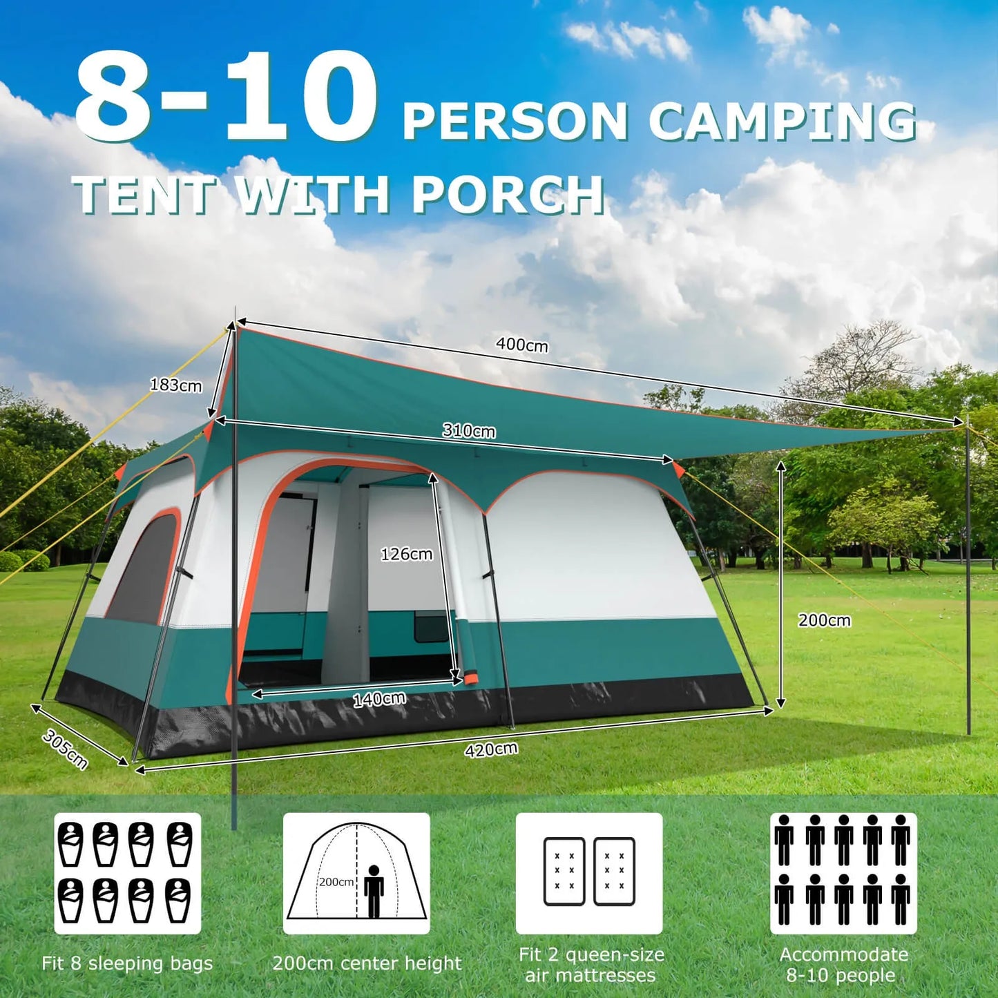 10-Person Camping Tent with Porch Large Family Cabin Tent with 2 Rooms 2 Doors