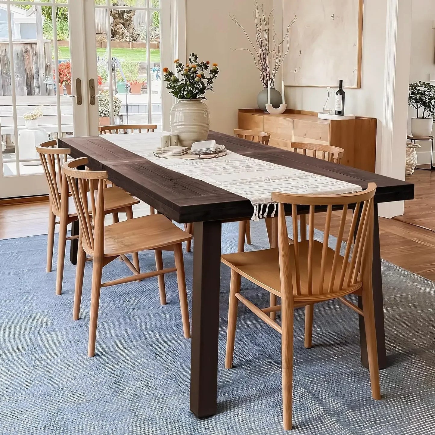 Acacia Wood Dining Table 6-Person Indoor Outdoor Table,Iron Legs, Sandblast Finish, Natural Stained