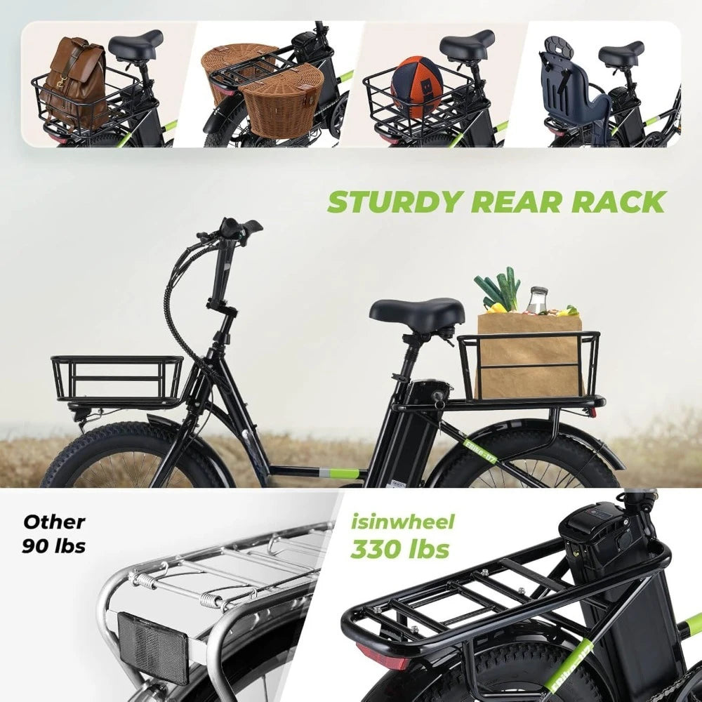 E- Bike for Adults, 20 mph Cargo 1000W Peak, 55 Miles Range, 48V 10.4Ah - Hot Sale