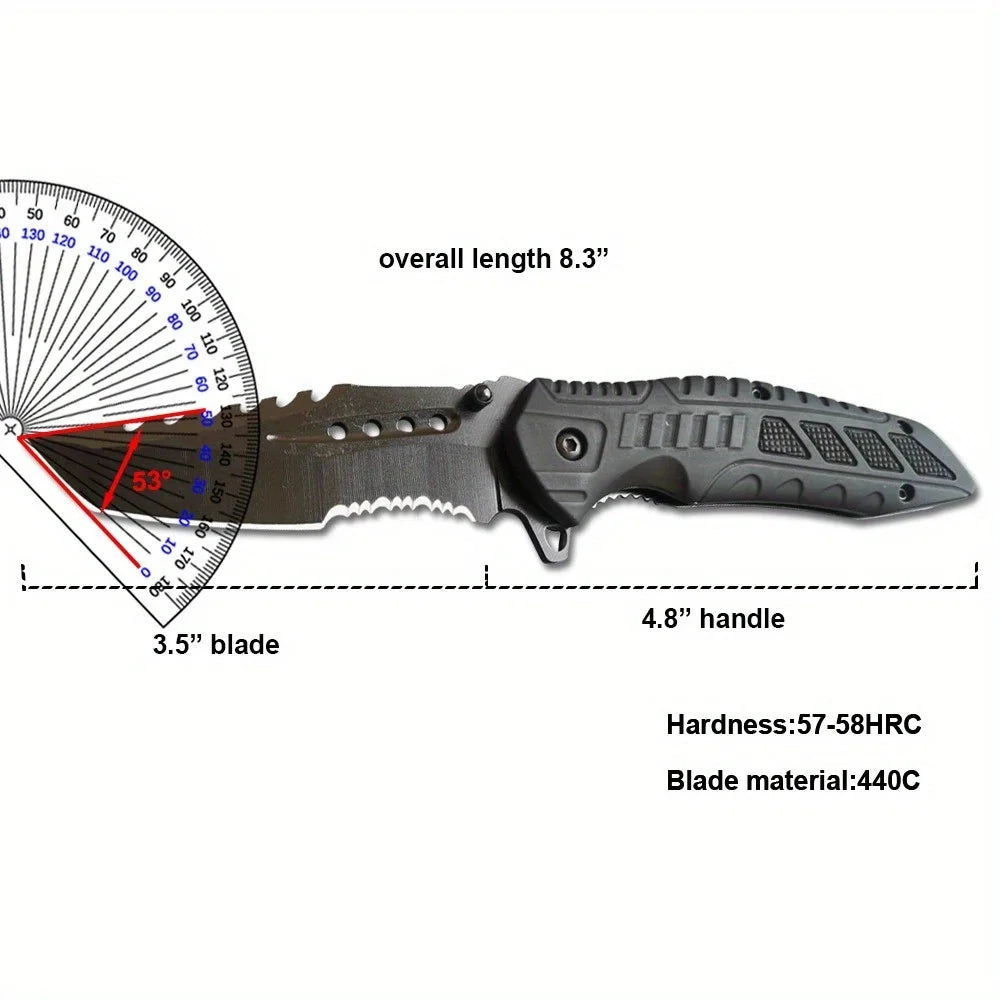 Tactical Folding Knife, Serrated Blade, Glass Breaker & Bottle Opener, EDC Outdoor Survival Camping