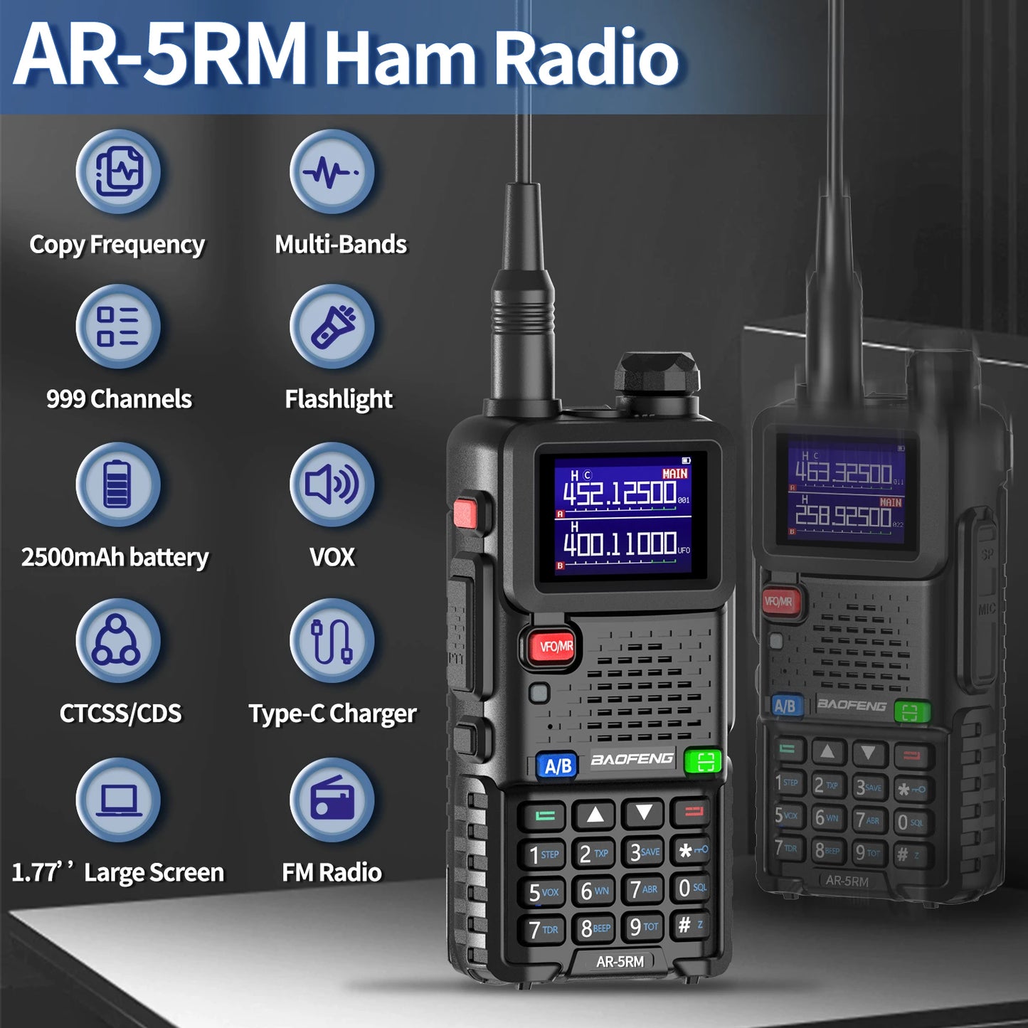 2PCS AR-5RM Multi Band Walkie Talkie,10W Wireless Copy Frequency 999CH 2500mAh UV-5RH Long Range Ham