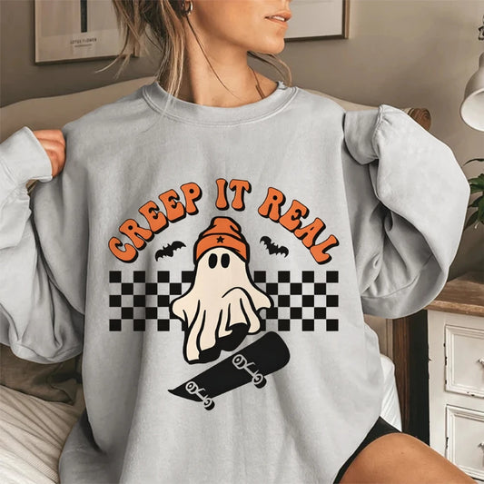 Retro Halloween Creep It Real Sweatshirts Ghost Skateboarding Graphic Sweater Top Fall Winter