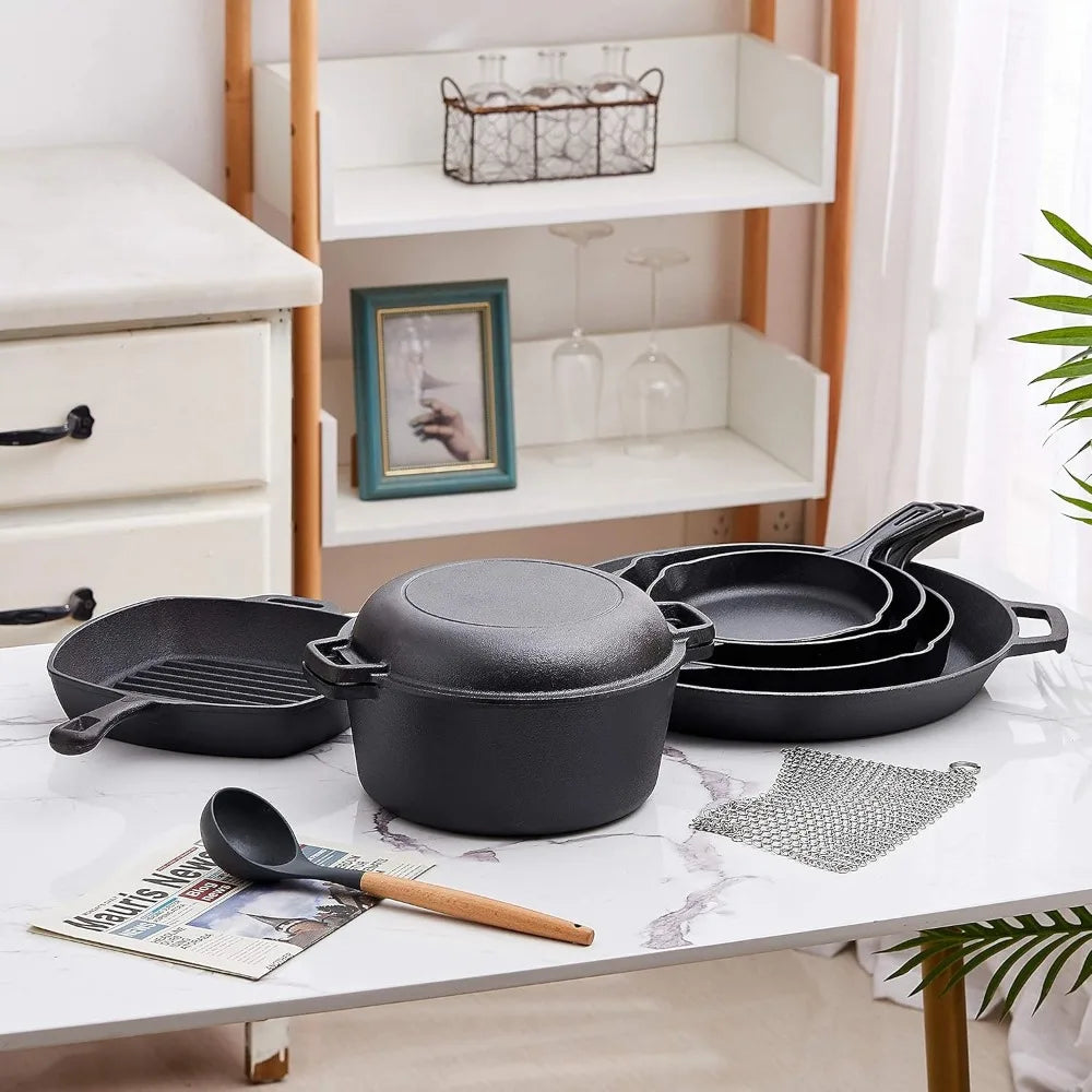 8 piece cast iron camping cookware - durable POTS covers, cooking -home or camping