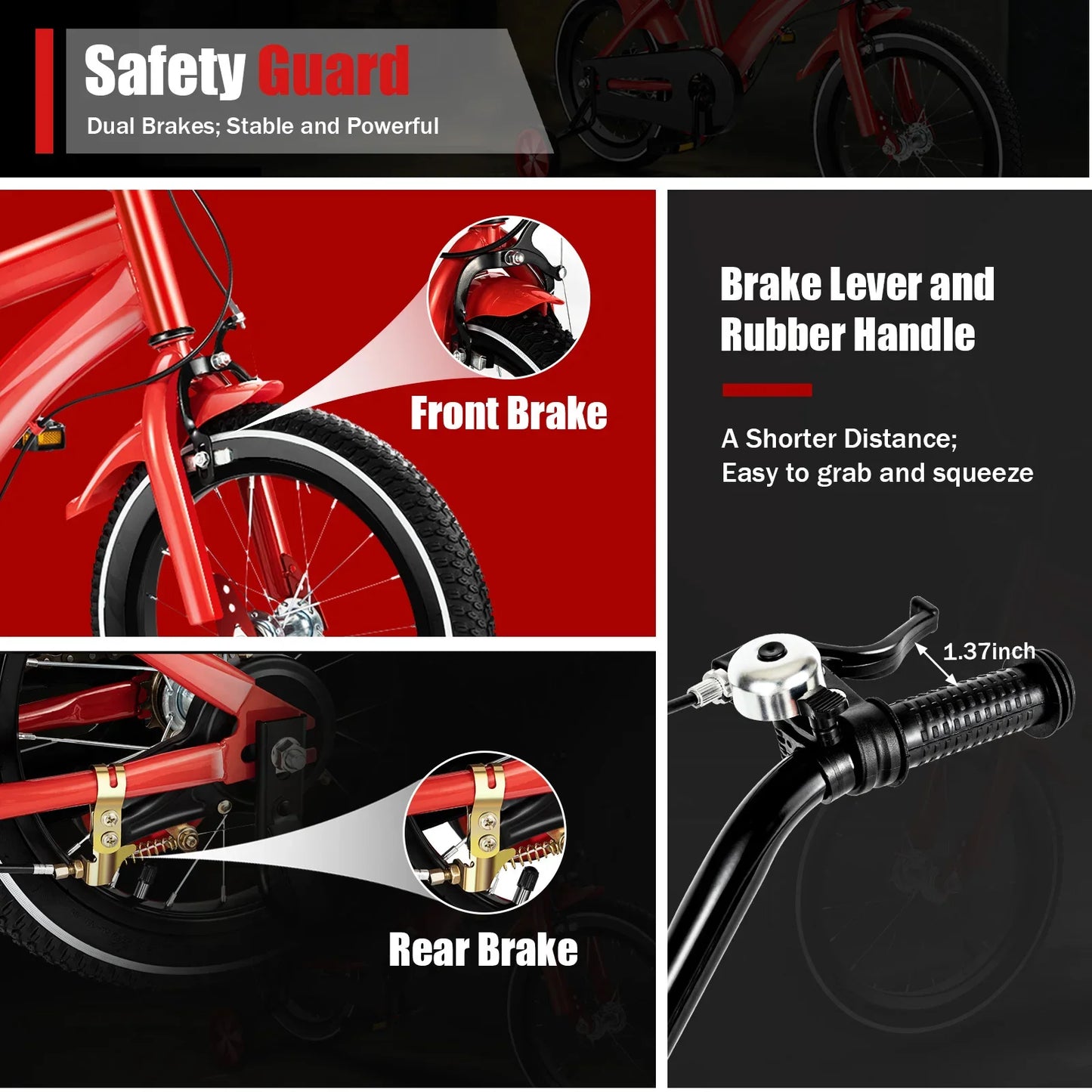 14 Inch Red Modern Children Bicycle with Adjustable 2 Training Wheels 110lbs Children's Exercise Bicycle for Boys and Girls
