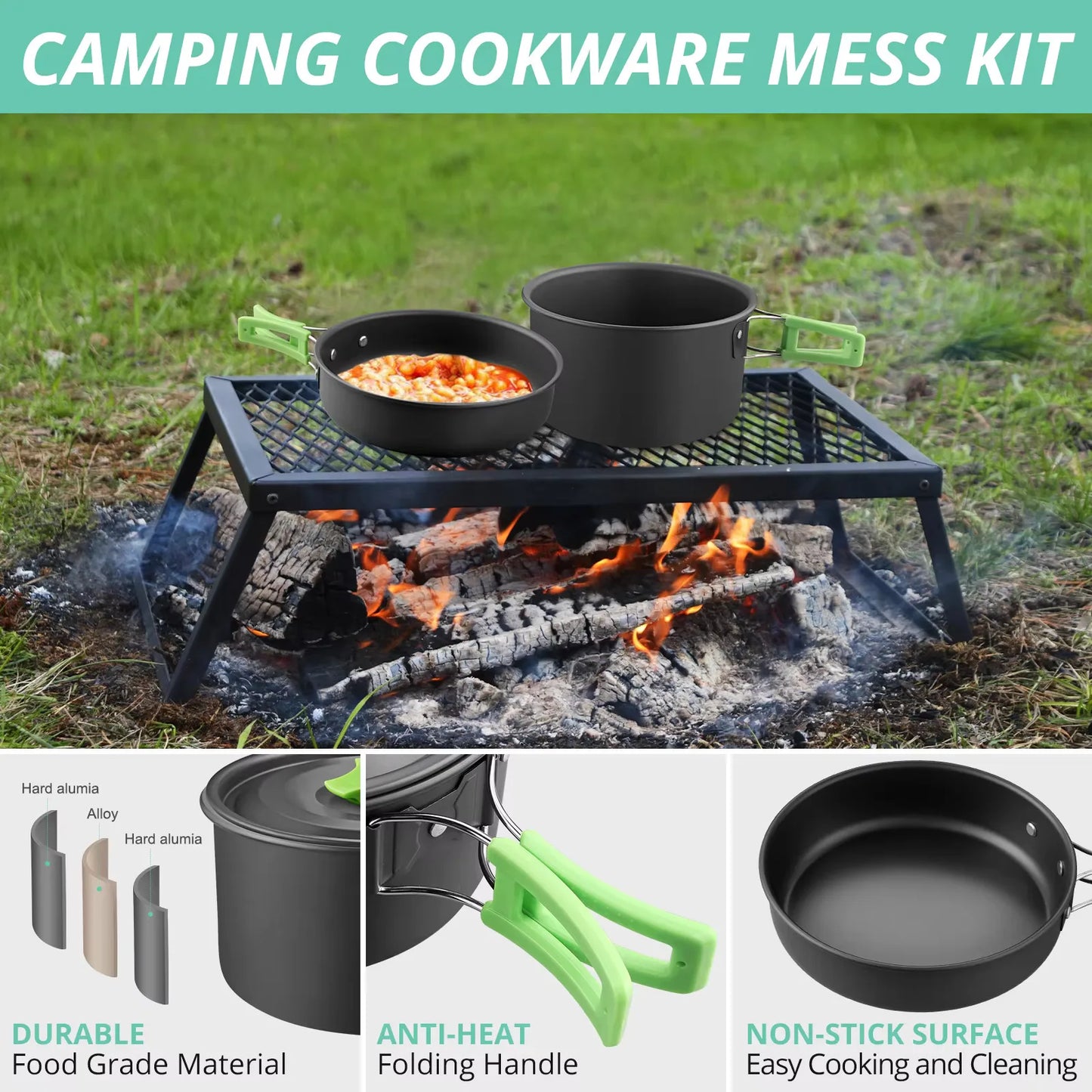 S Camping Cookware Set Anodised Aluminium Pots Pans Kettle/Foldable Handle, for 2 People