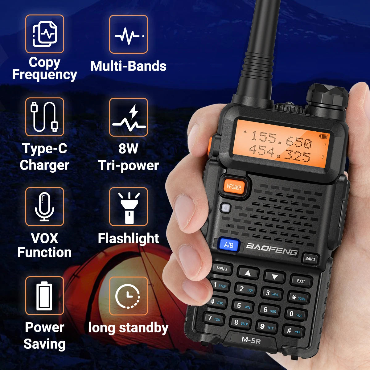 2PCS M-5R 8W Walkie Talkie Multi Band Type-C Wireless Copy Frequency AM Long Range UV-5R Two Way Ham